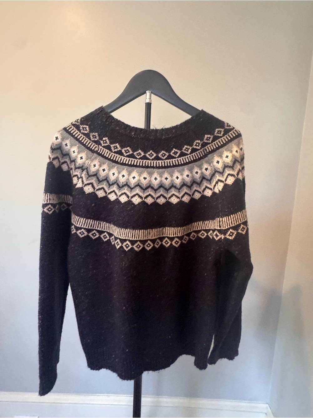 Weatherproof Black Crewneck Sweater with White Fair Isle Yoke